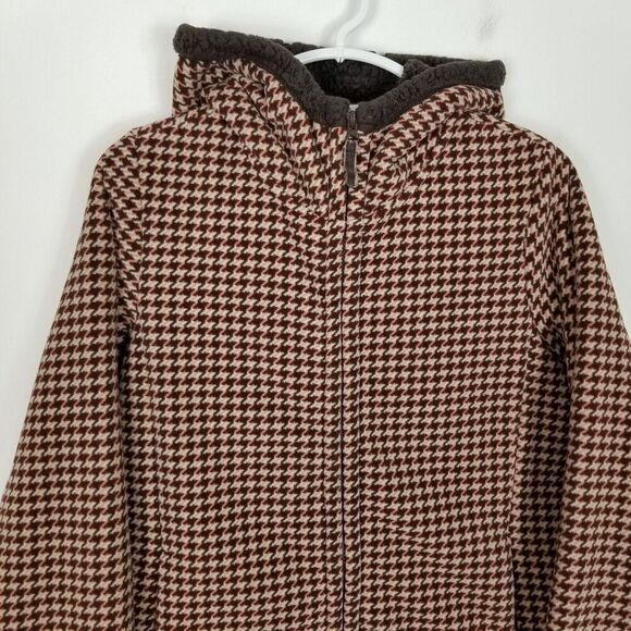 Uniqlo Women Zip Up Hooded Fleece Jacket Sz L Brown Houndstooth Outdoor - Picture 2 of 6